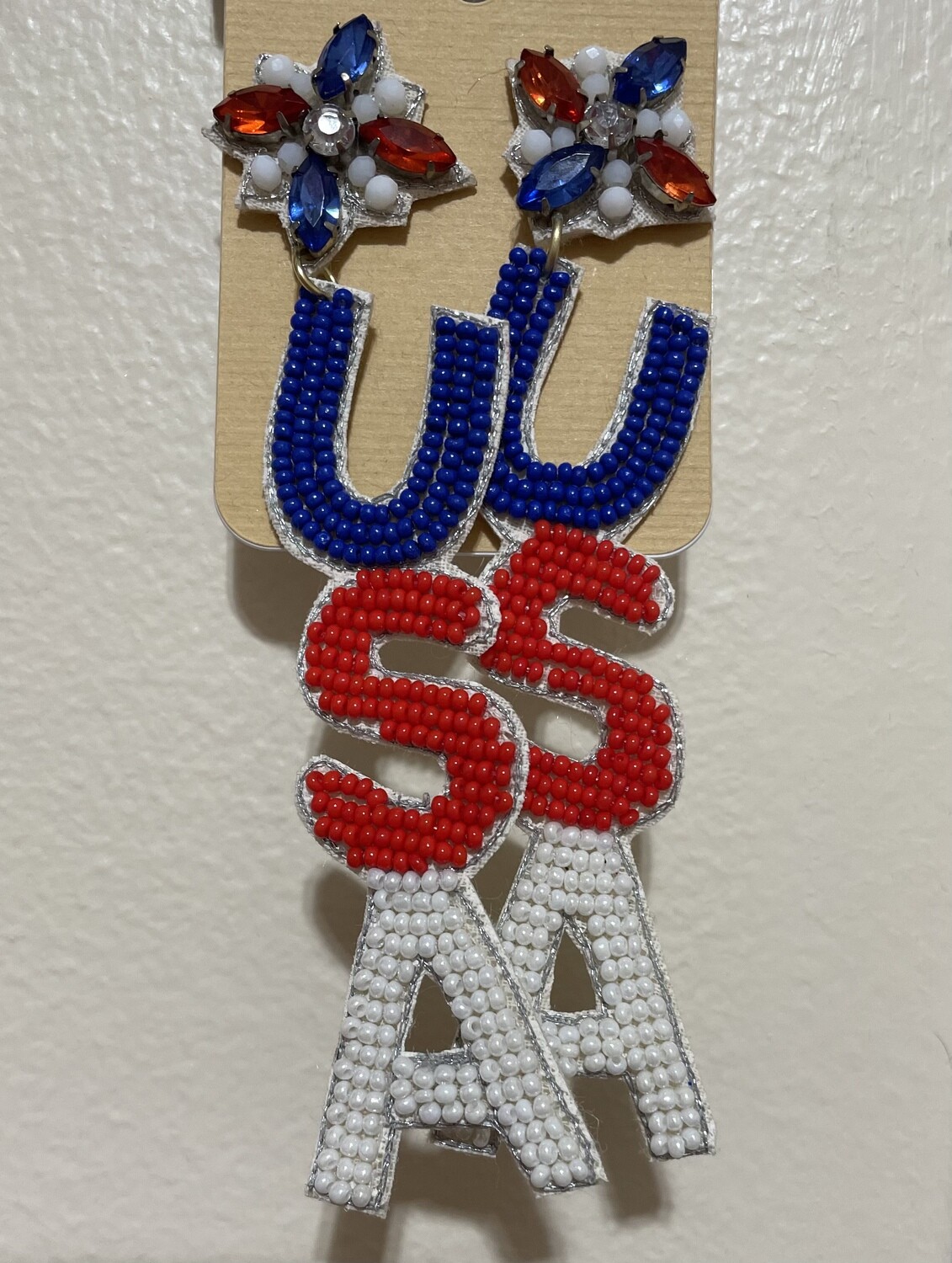 Patriotic Red White and Blue USA Beaded Earrings