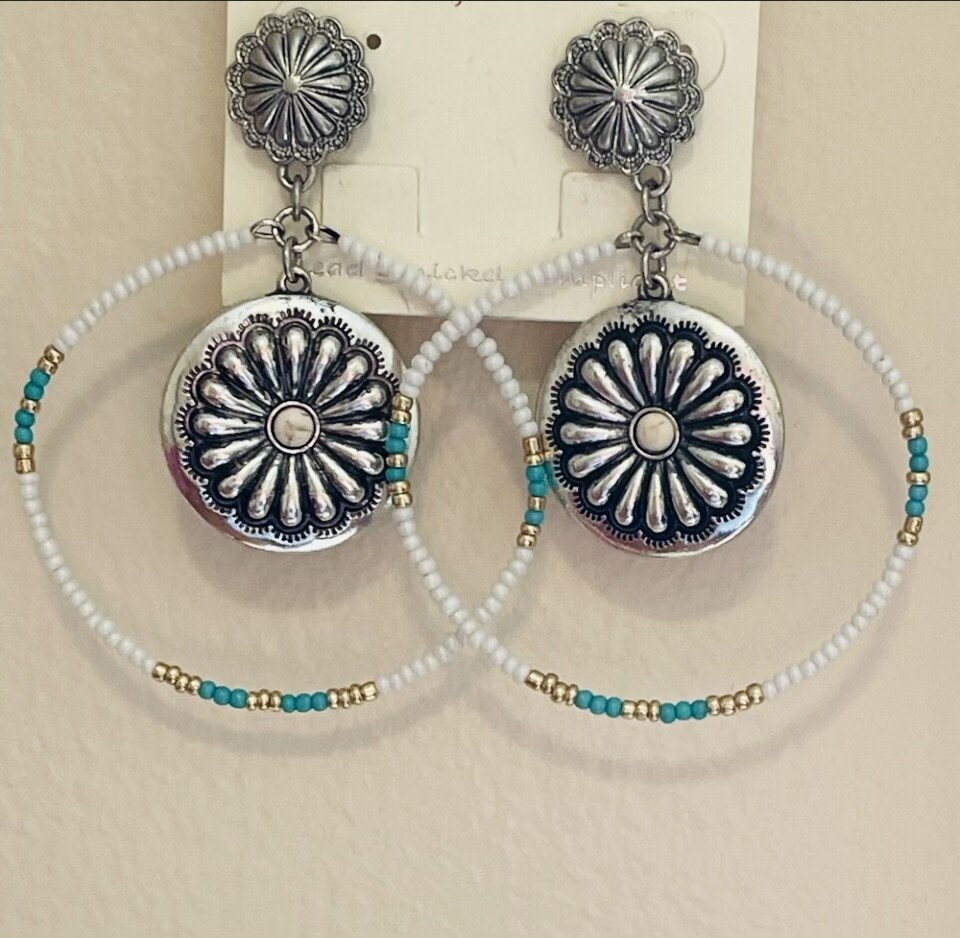 Julice Silver Concho White Multicolor Beaded Hoop Earrings