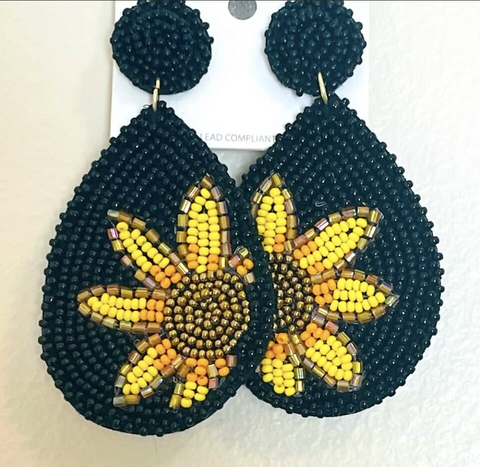 Caroline Black Sunflower Beaded Earrings