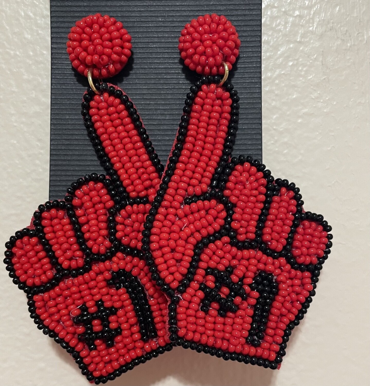 Red and Black Number One Fan Beaded Earrings
