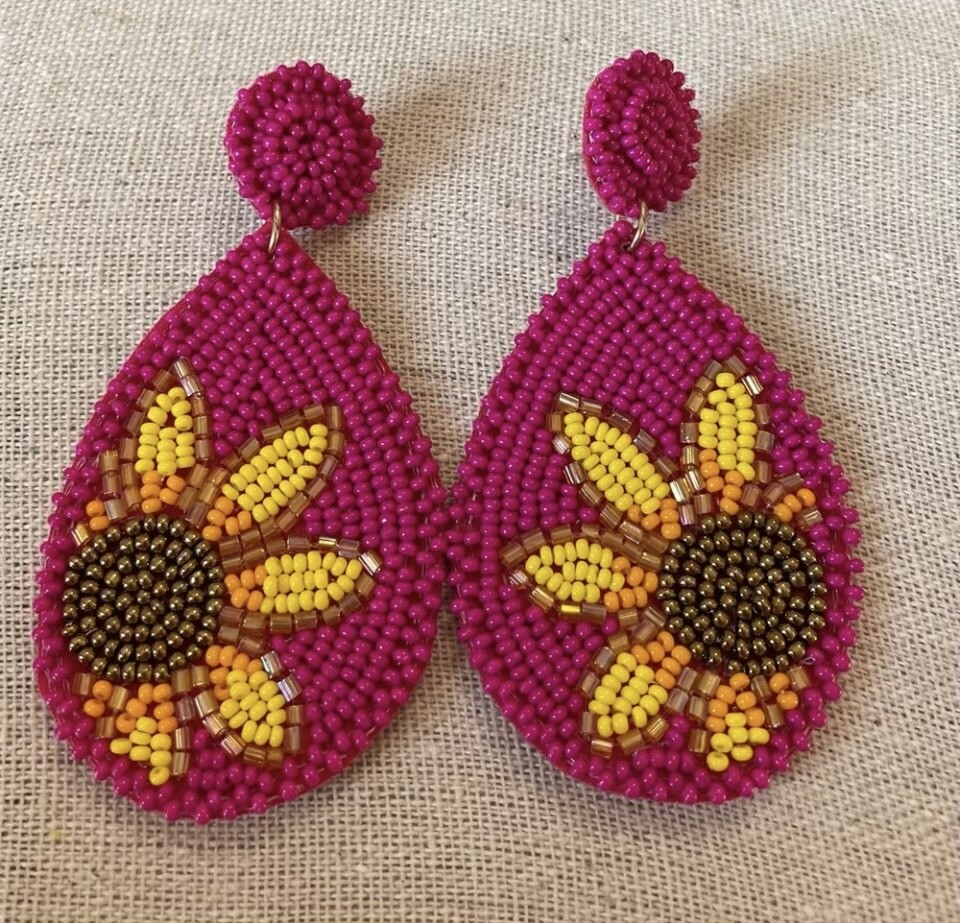 Caroline Pink Beaded Sunflower Teardrop Earrings