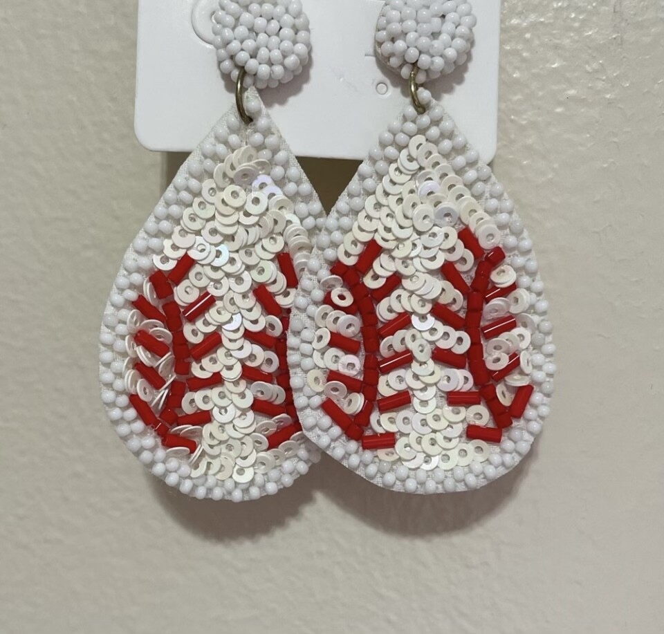 Baseball Beaded and Sequin Teardrop Earrings