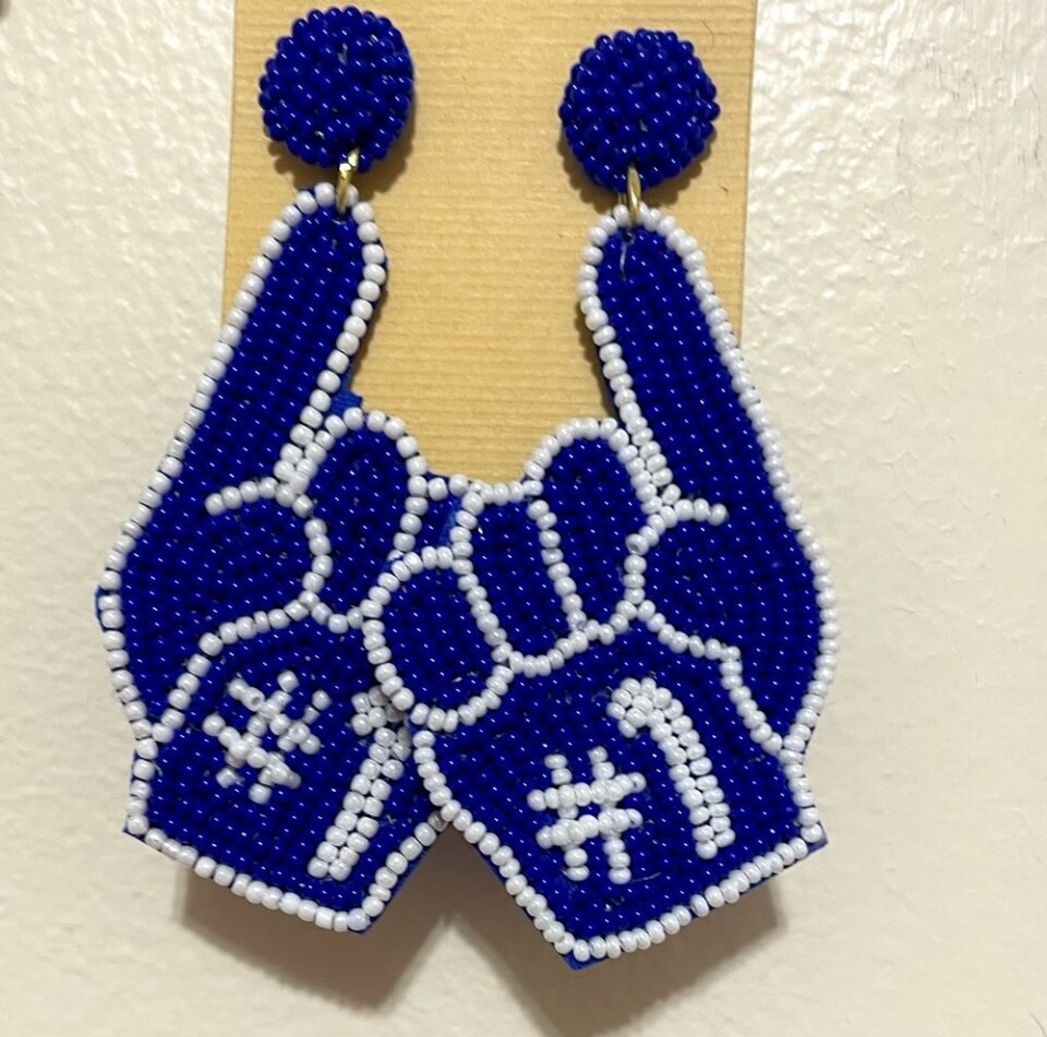 Blue and White Number One Fan Beaded Earrings