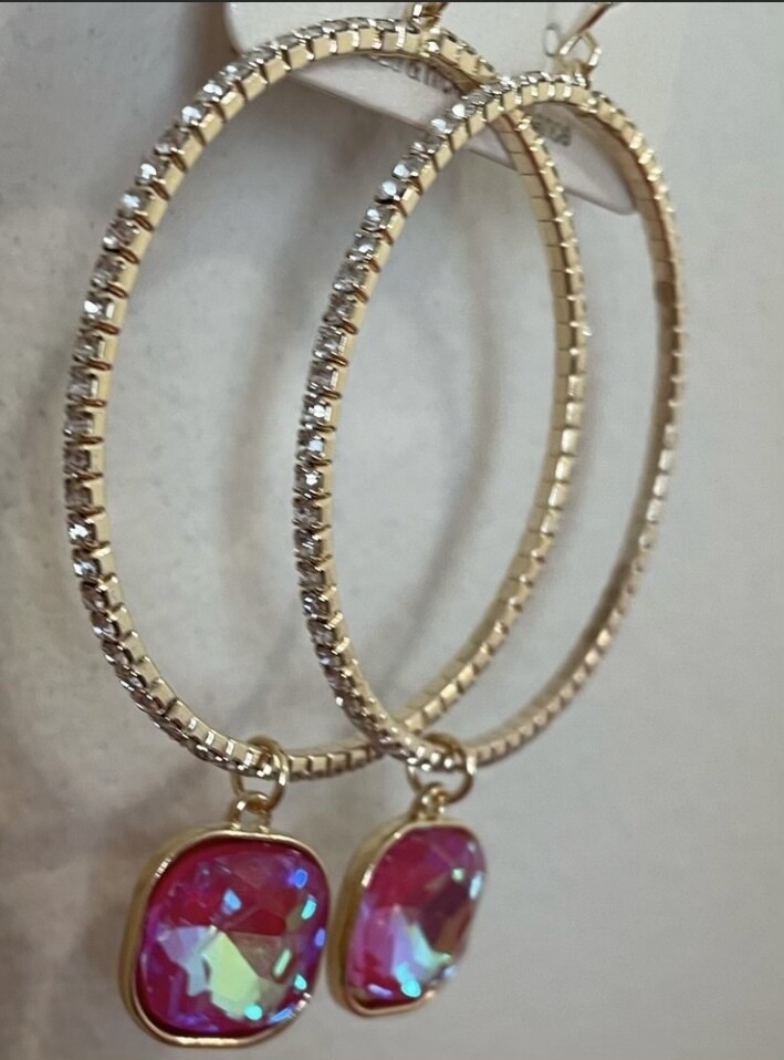 Julianna Large Gold Crystal Hoop with Fuchsia Iridescent Earrings