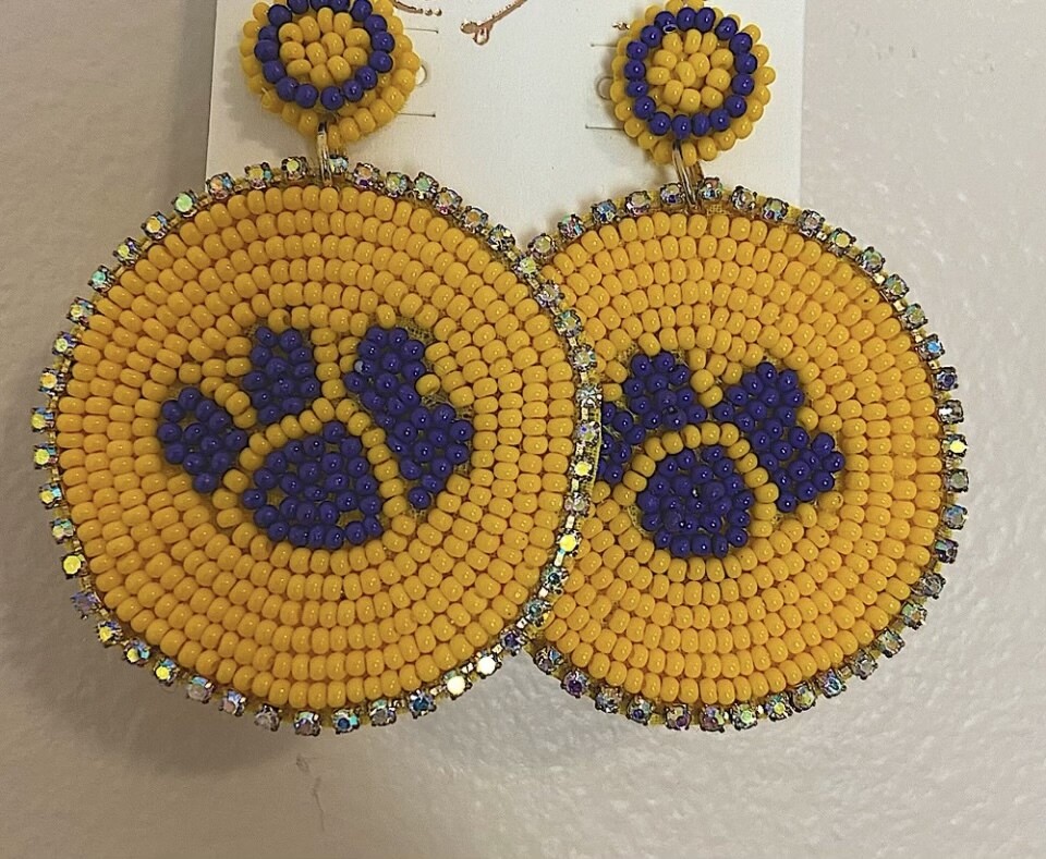 Large Purple and Gold Beaded Paw Print Crystal Earrings