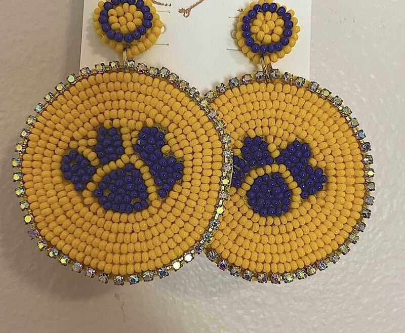 Large Purple and Gold Beaded Paw Print Crystal Earrings