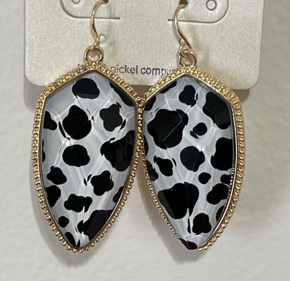 Savannah Gold Trimmed Black Cow Print Earrings