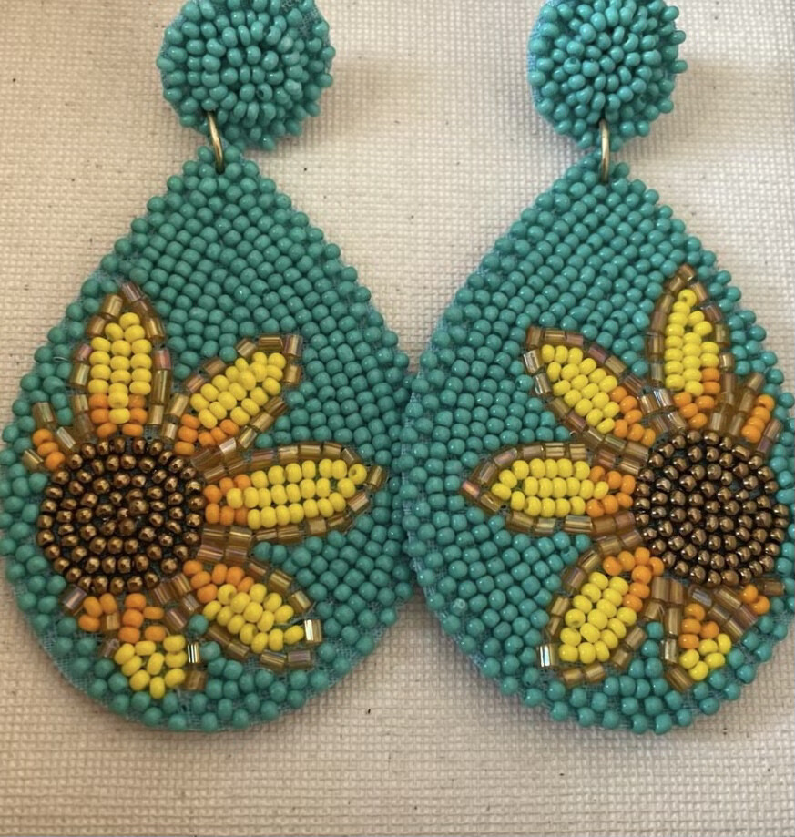 Caroline Turquoise Beaded Sunflower Teardrop Earrings