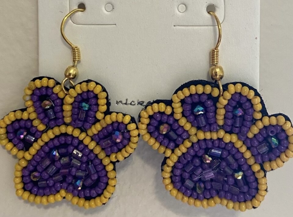 Purple Gold Multi Beaded Paw Earrings