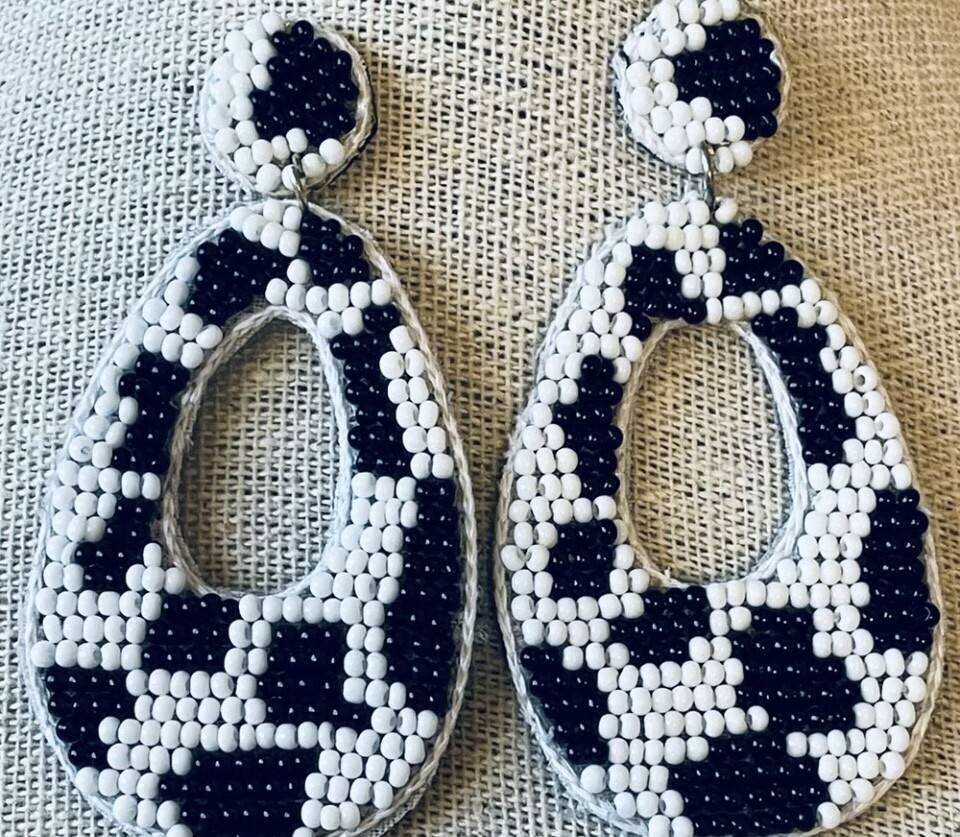 Ann Elise Black White Cow Print Beaded Earrings
