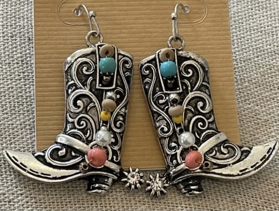 Silver Multicolor Beaded Boot Earrings