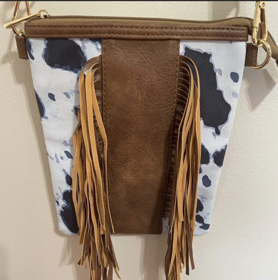 Cow Print Fringe Crossbody Purse with Detachable Shoulder Strap