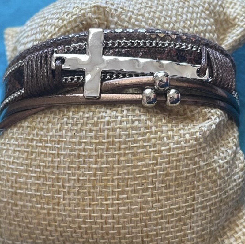Brown Bronze Silver Cross Magnetic Bracelet