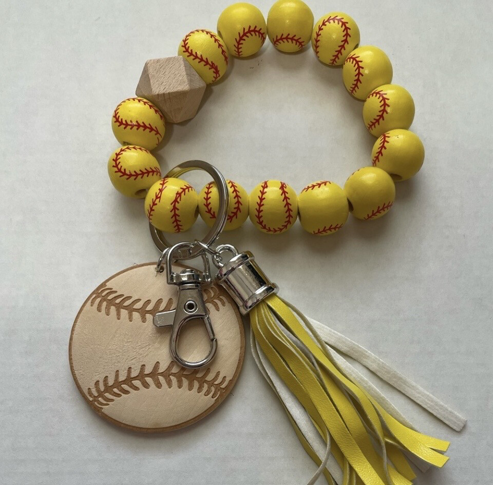 Softball Wood Bracelet Keychain