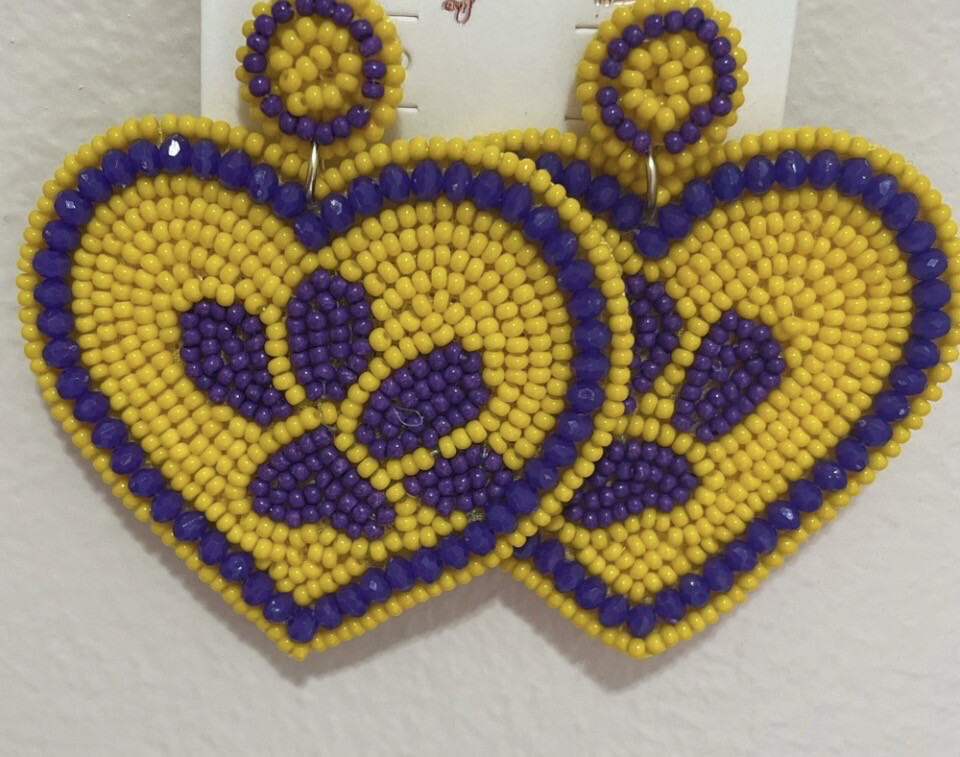 Purple and Gold Heart Paw Print Earrings~LSU