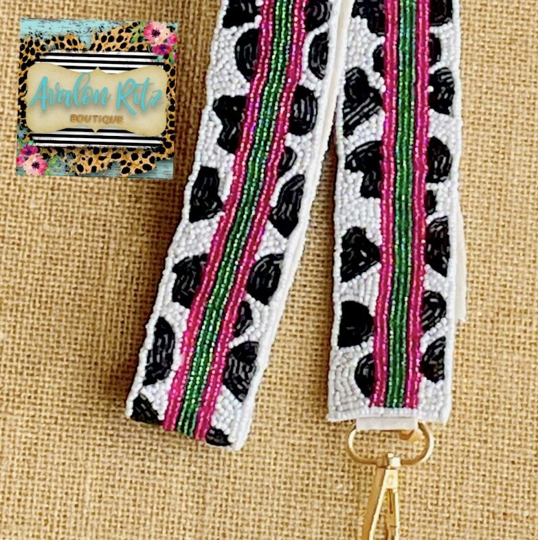 Black Cow Print and Multicolor Striped Beaded Purse Strap