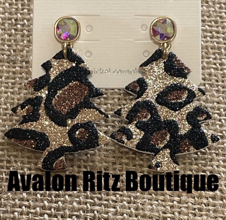 Christmas Tree Leopard Print Iridescent Crystal Earrings