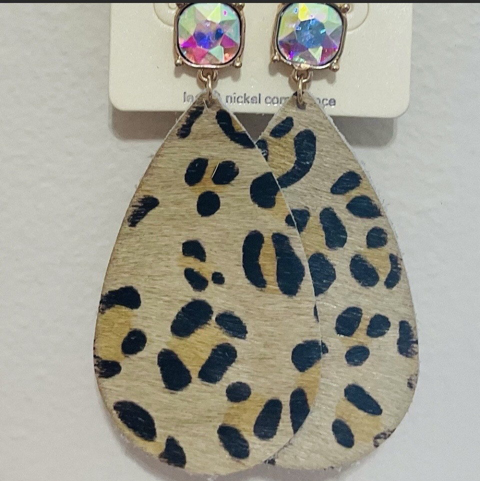 Leather Iridescent Crystal Teardrop Earrings