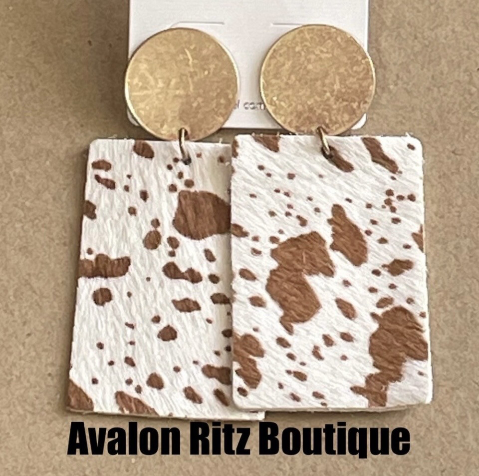 Leather Gold Disc Cow Print Earrings