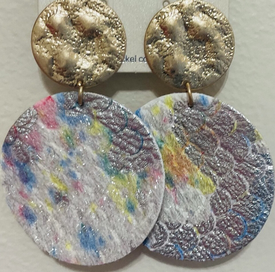 Leather Multicolor Tie Dye Gold Disc Earrings