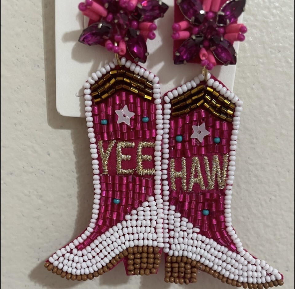 Pink Beaded “YEE HAW” Boot Earrings