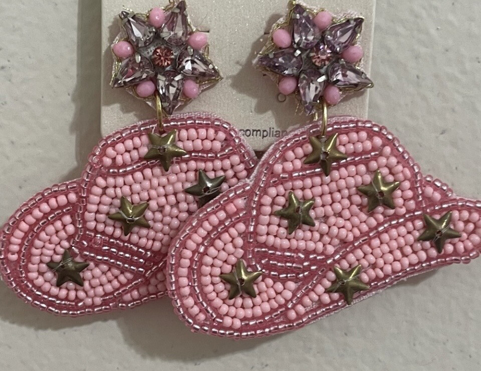 Pink Beaded Cowboy Hat Earrings