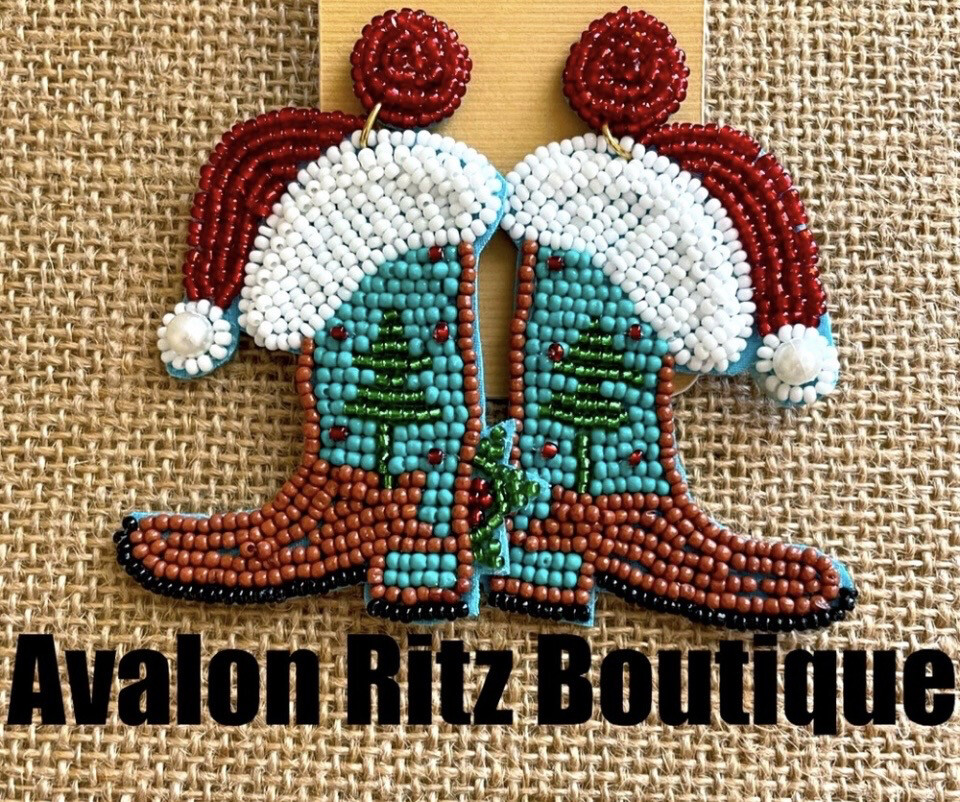 Oh Santa! Multicolor Beaded Santa Hat Cowboy Boot Earrings