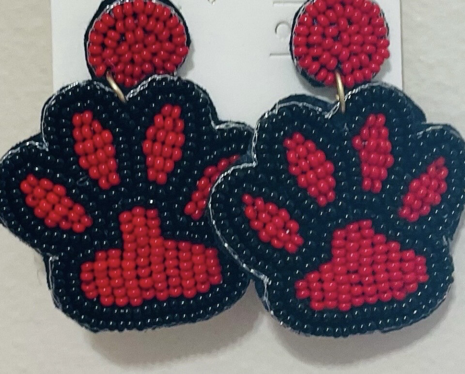 Red and Black Paw Print Beaded Earrings~ Georgia Bulldogs