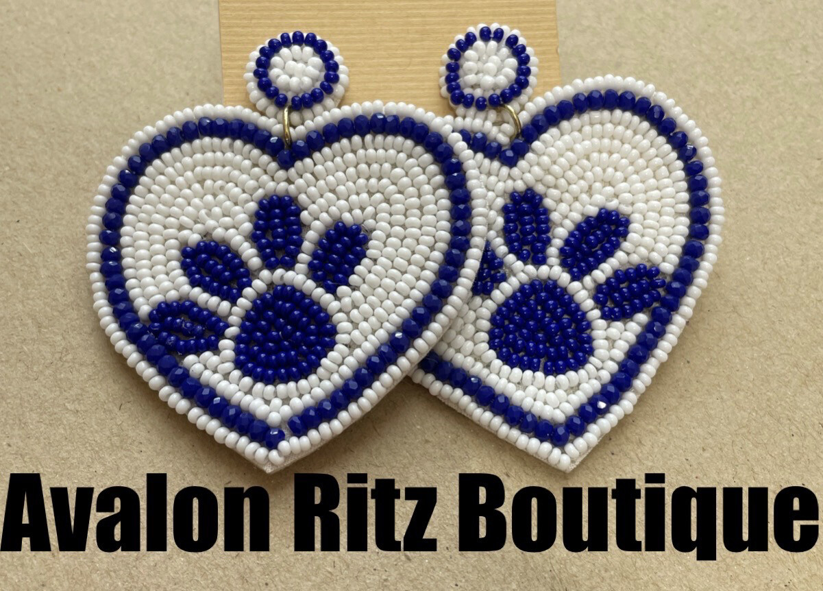Blue and White Beaded Heart Paw Print Earrings~ Kentucky