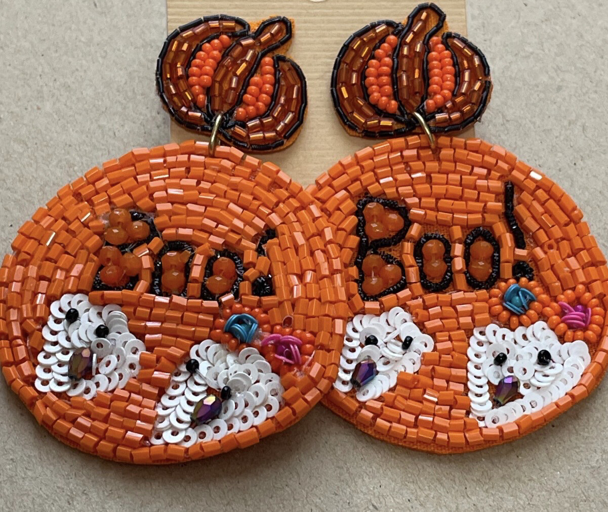 Pumpkin Beaded BOO Halloween Earrings