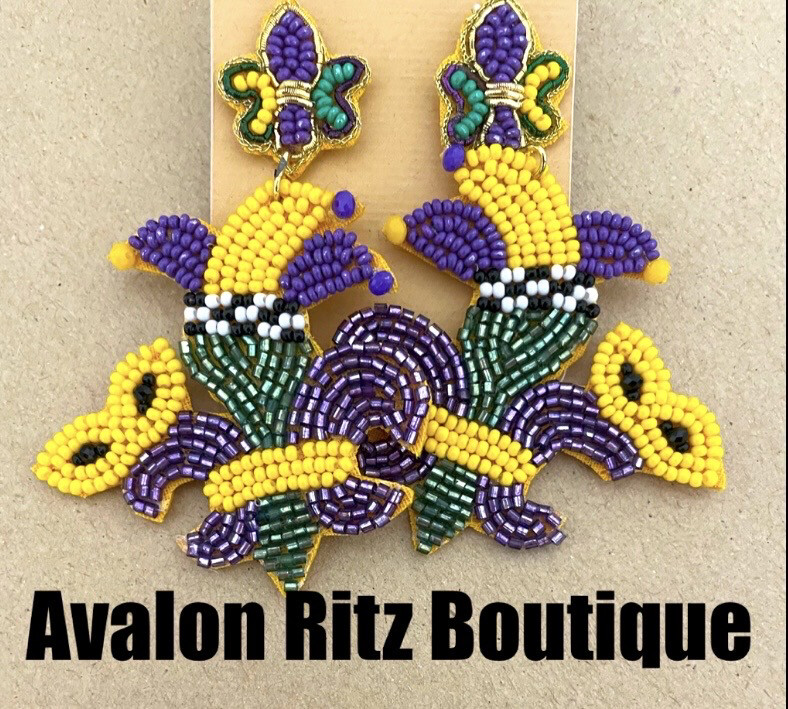 Mardi Gras Mask Fleur de Lis Multicolor Beaded Earrings