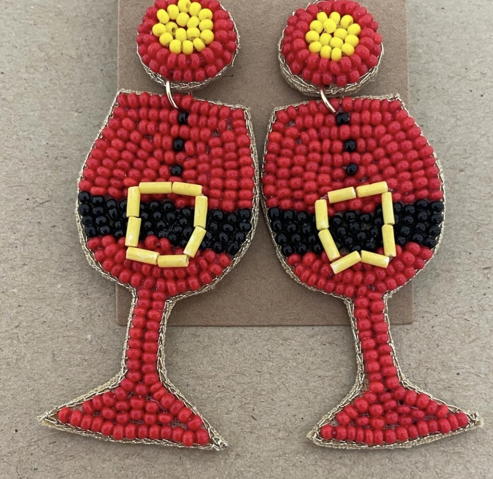 Santa Beaded Wine Glass Earrings