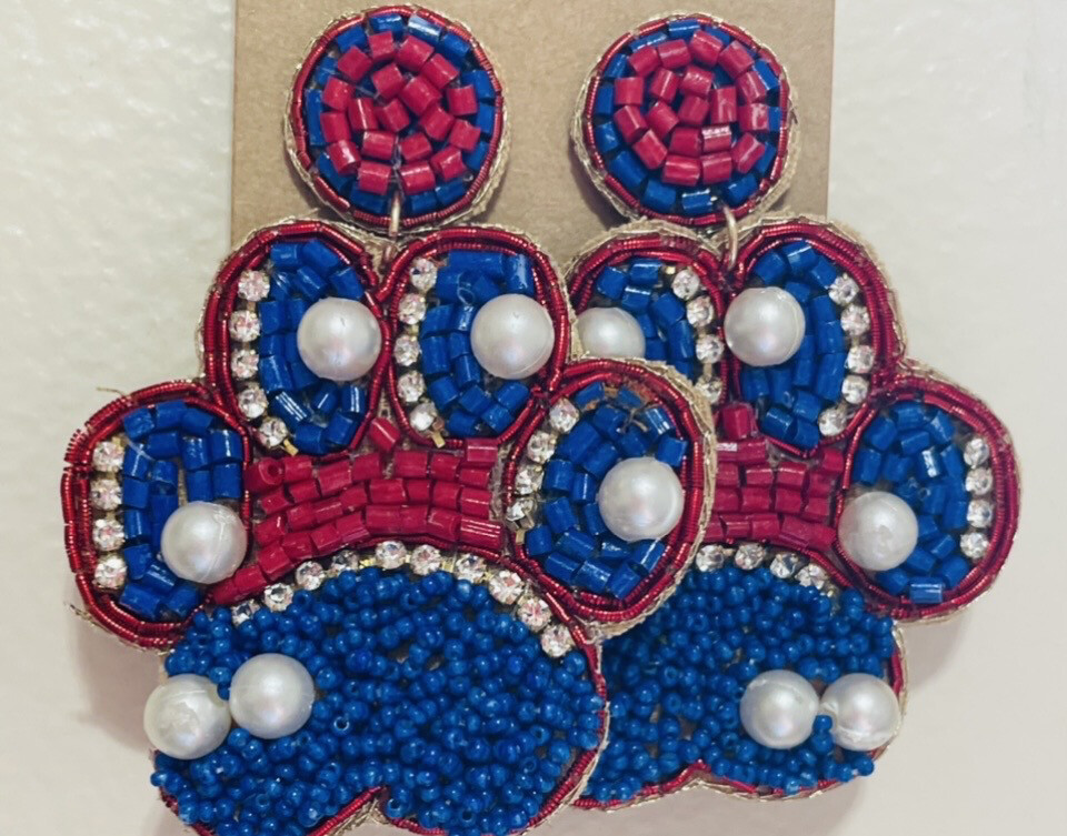 Red and Blue Paw Print Beaded Earrings