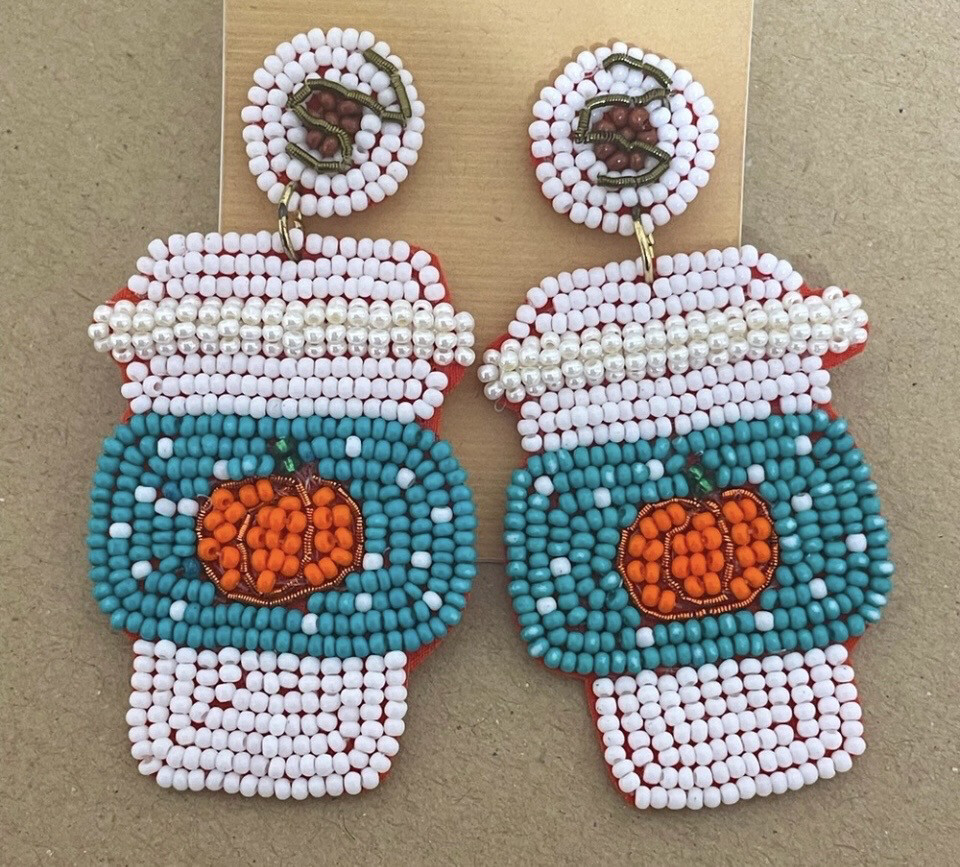 Halloween Pumpkin Beaded Latte Earrings