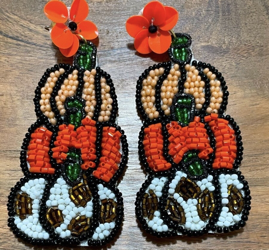 Halloween Stacked Pumpkins Beaded Earrings~Leopard
