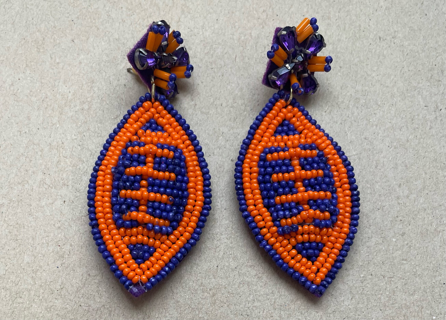 Purple and Orange Beaded Football Earrings~ Clemson