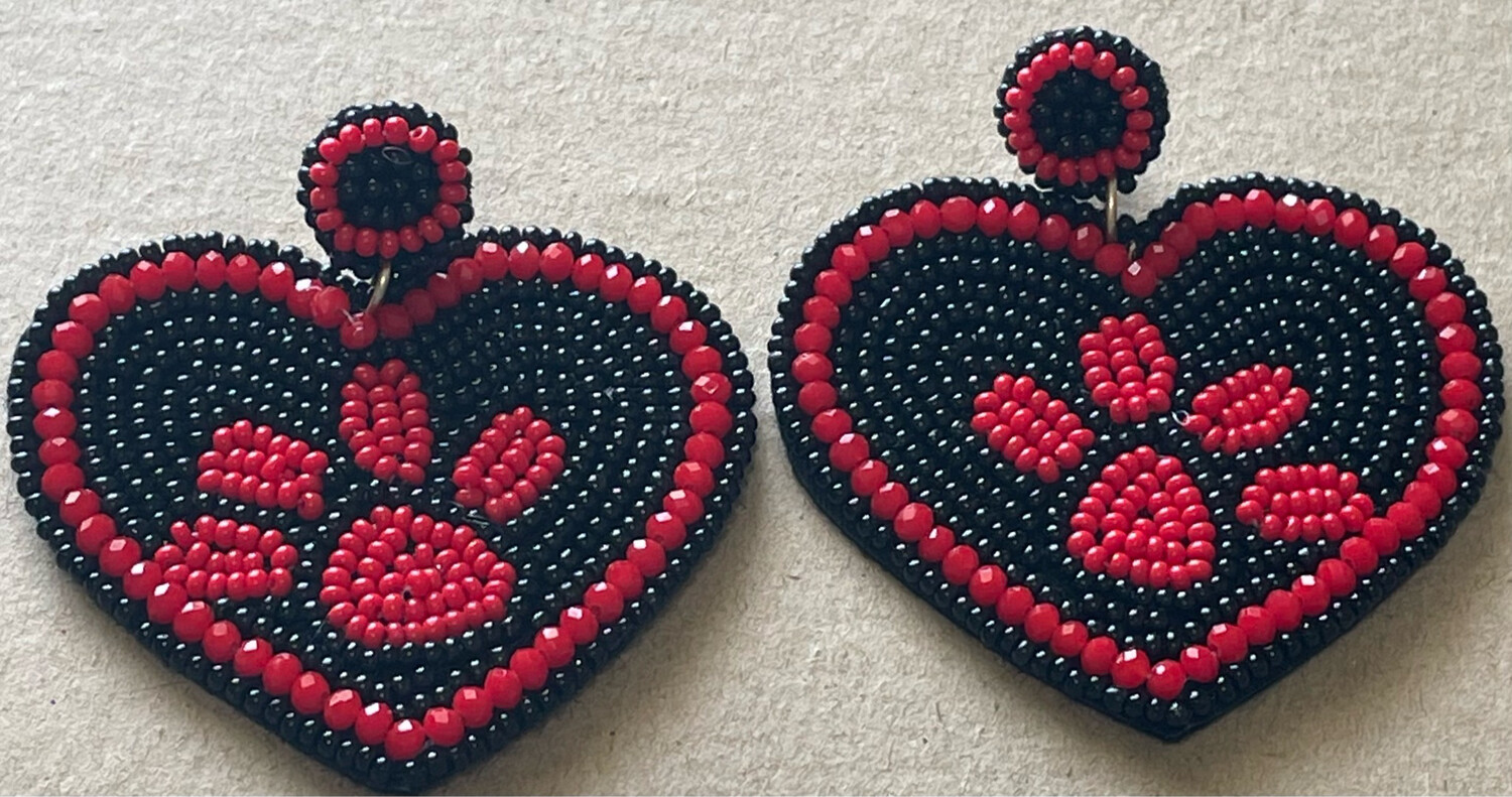 Red and Black Heart Paw Print Beaded Earrings~ Georgia Bulldogs