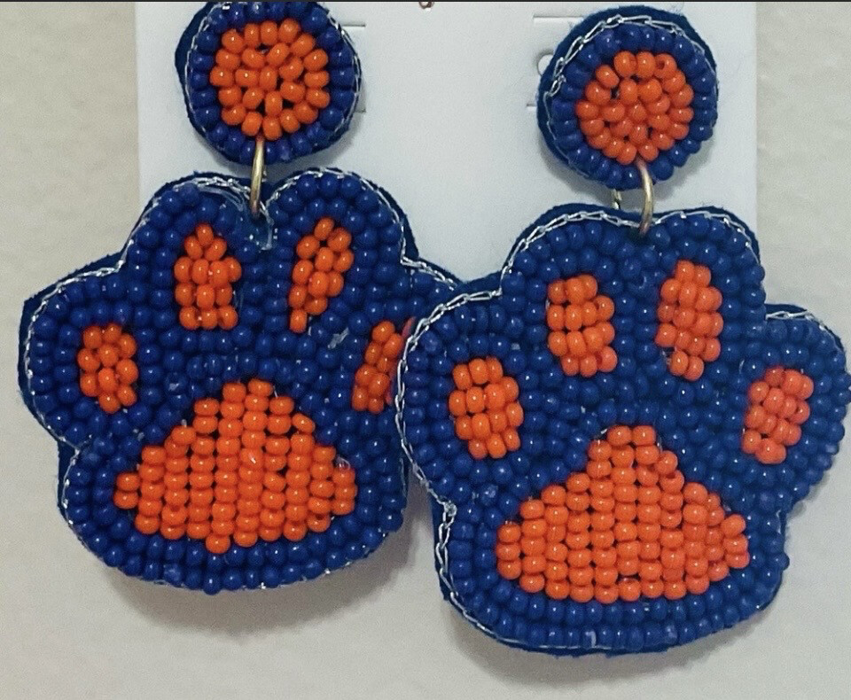 Orange and Blue Paw Print Beaded Earrings