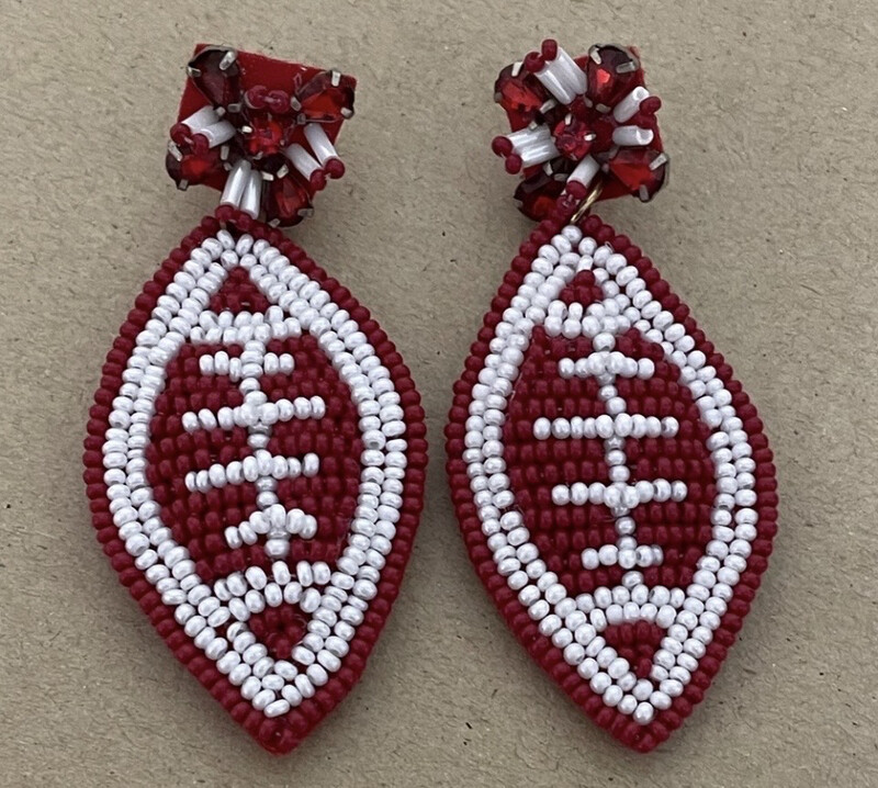 Burgundy and White Beaded Football Earrings
