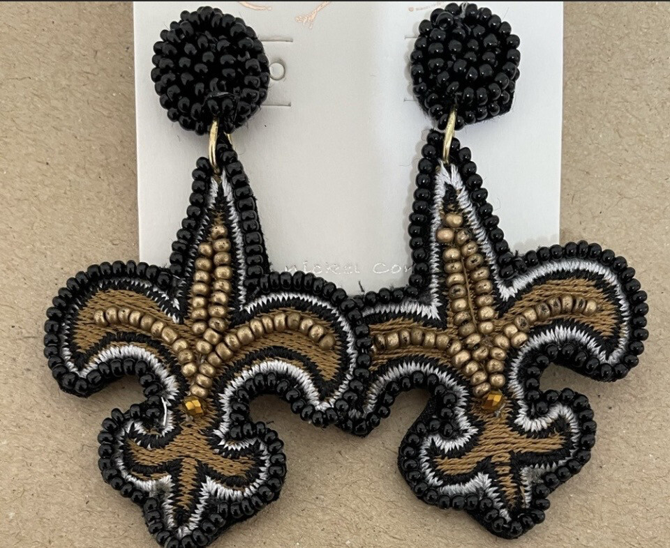 Black and Gold Fleur De Lis Beaded Earrings New Orleans Saints