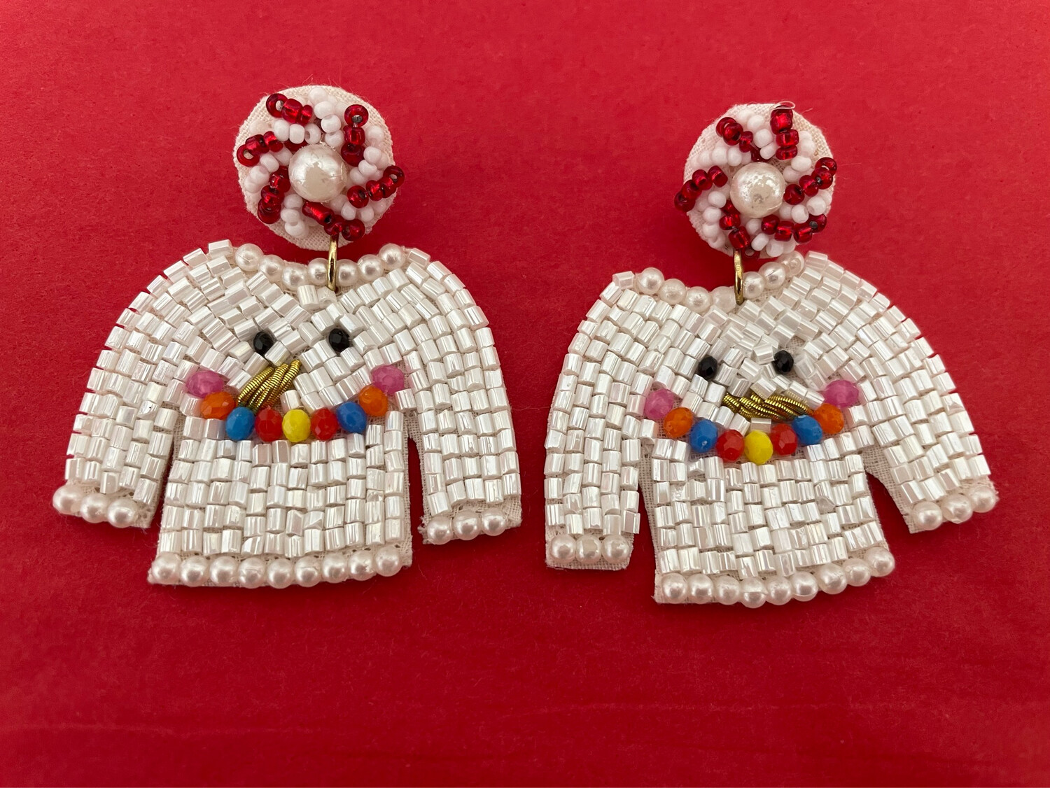 White Beaded Sweater Multicolor Snowman Earrings