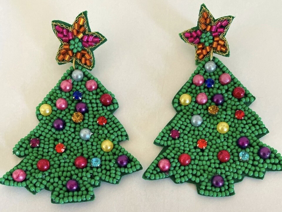 Multicolor Beaded Christmas Tree Earrings