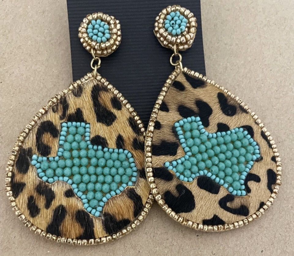 Leopard Print Turquoise Gold Beaded TEXAS Teardrop Earrings
