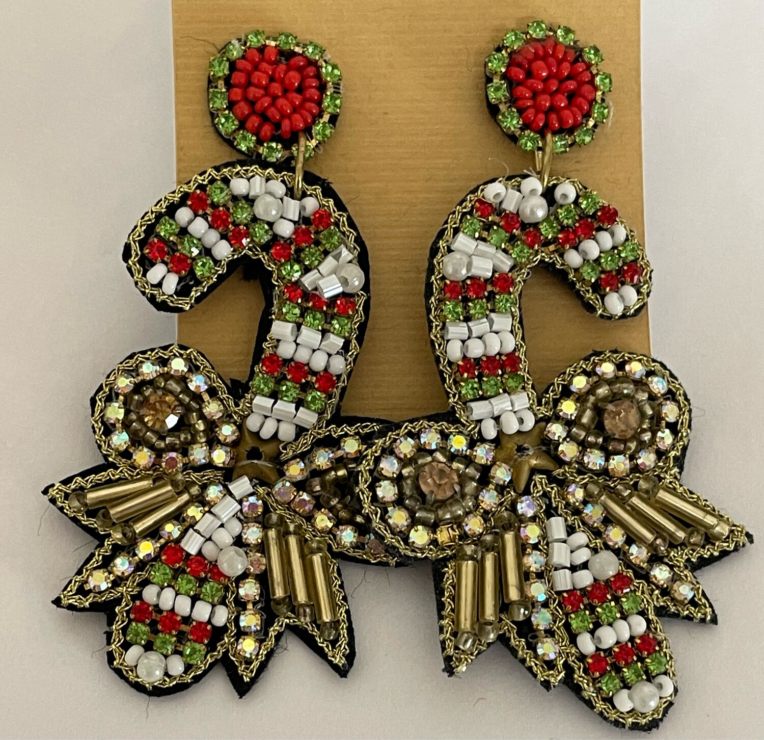 Multicolor Beaded Crystal Candy Cane Earrings~ Christmas