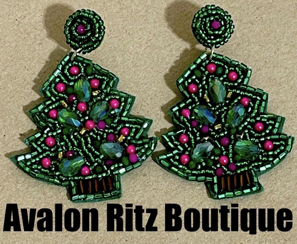 Christmas Tree Pink and Green Beaded Earrings