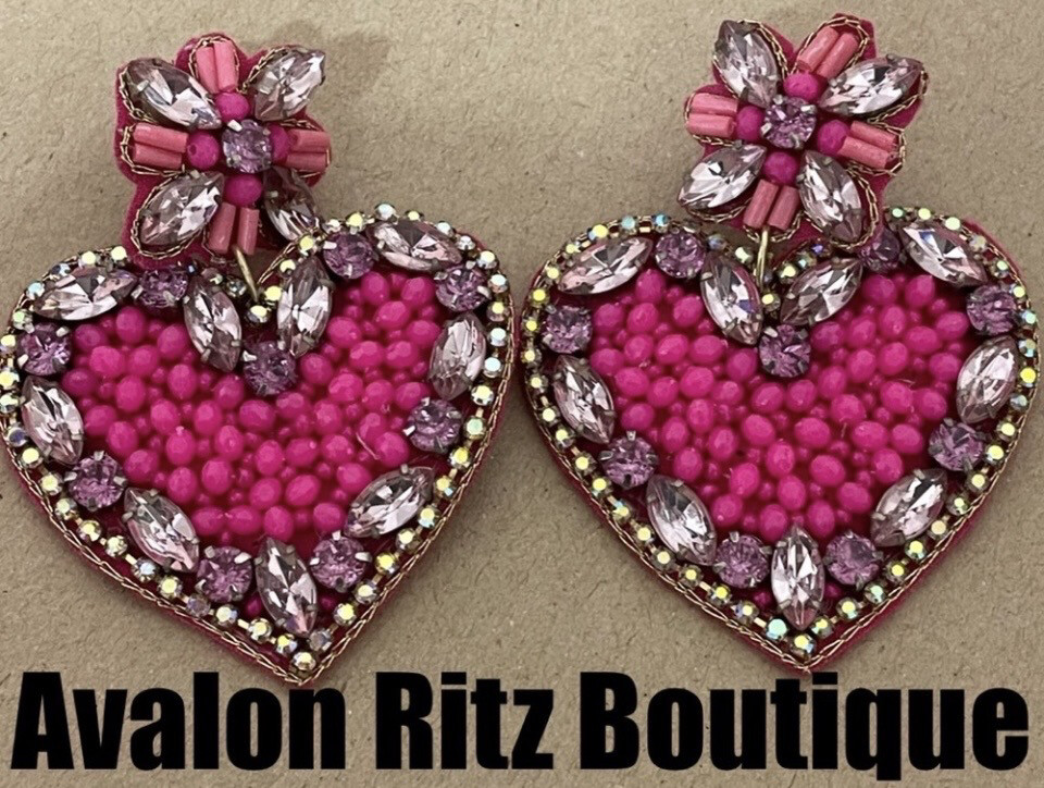 Love is in the Air Pink Beaded Crystal Rhinestone Heart Earrings