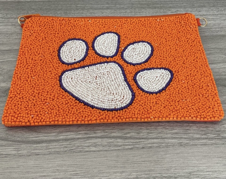 Clemson University Beaded Clutch Pouch Case Zip Closure