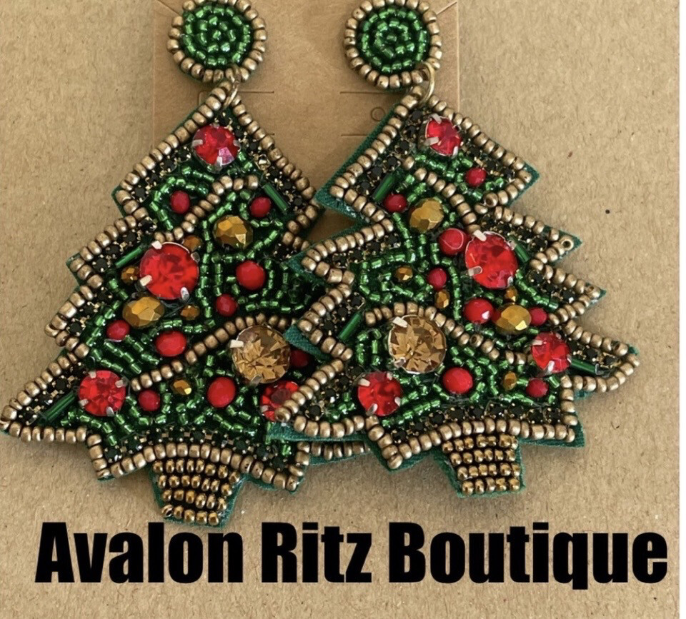 Shine Bright Red Green Multi Beaded Christmas Tree Earrings