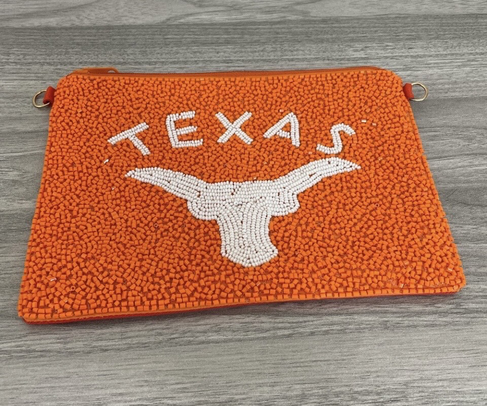 University of Texas Longhorns Zip Closure Beaded Clutch Pouch Case 