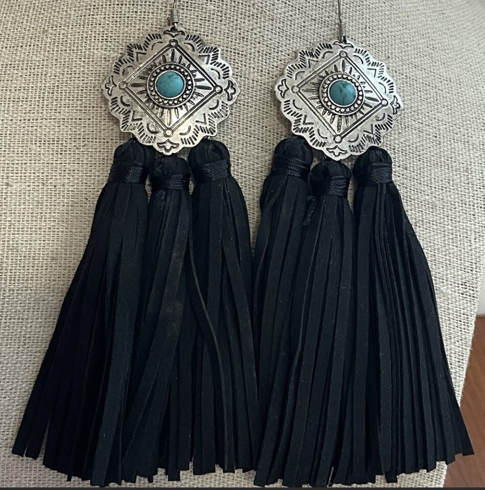 Leather Black and Turquoise Fringe Earrings
